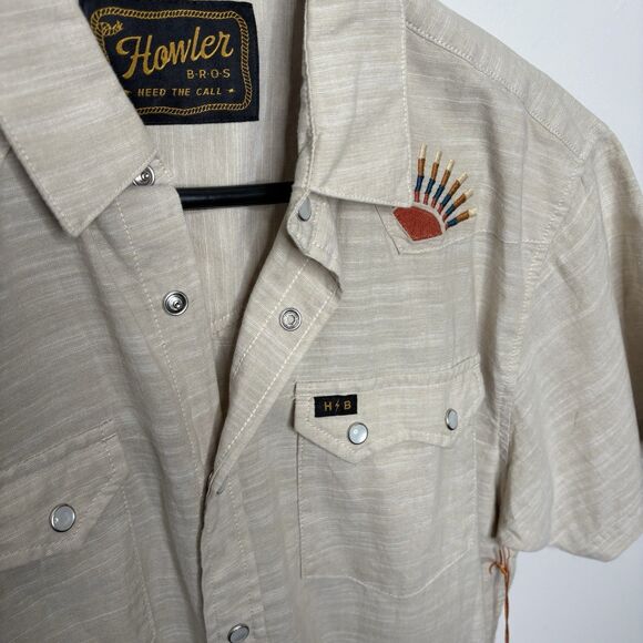 Howler Brothers Shirt Mens Medium Beige Gaucho Western Pearl Snap Saw Tooth Yoke - Picture 2 of 8